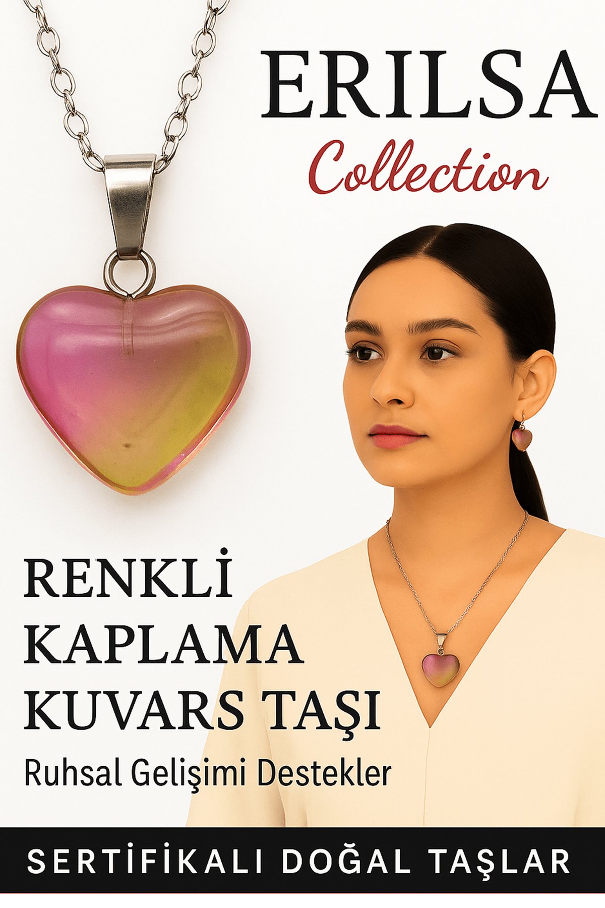 Sertifikalı Renkli Kaplama Kuvars Taşı Kolye (Pembe Sarı) – Şefkat, Neşe ve Ruhsal Canlanma Taşı