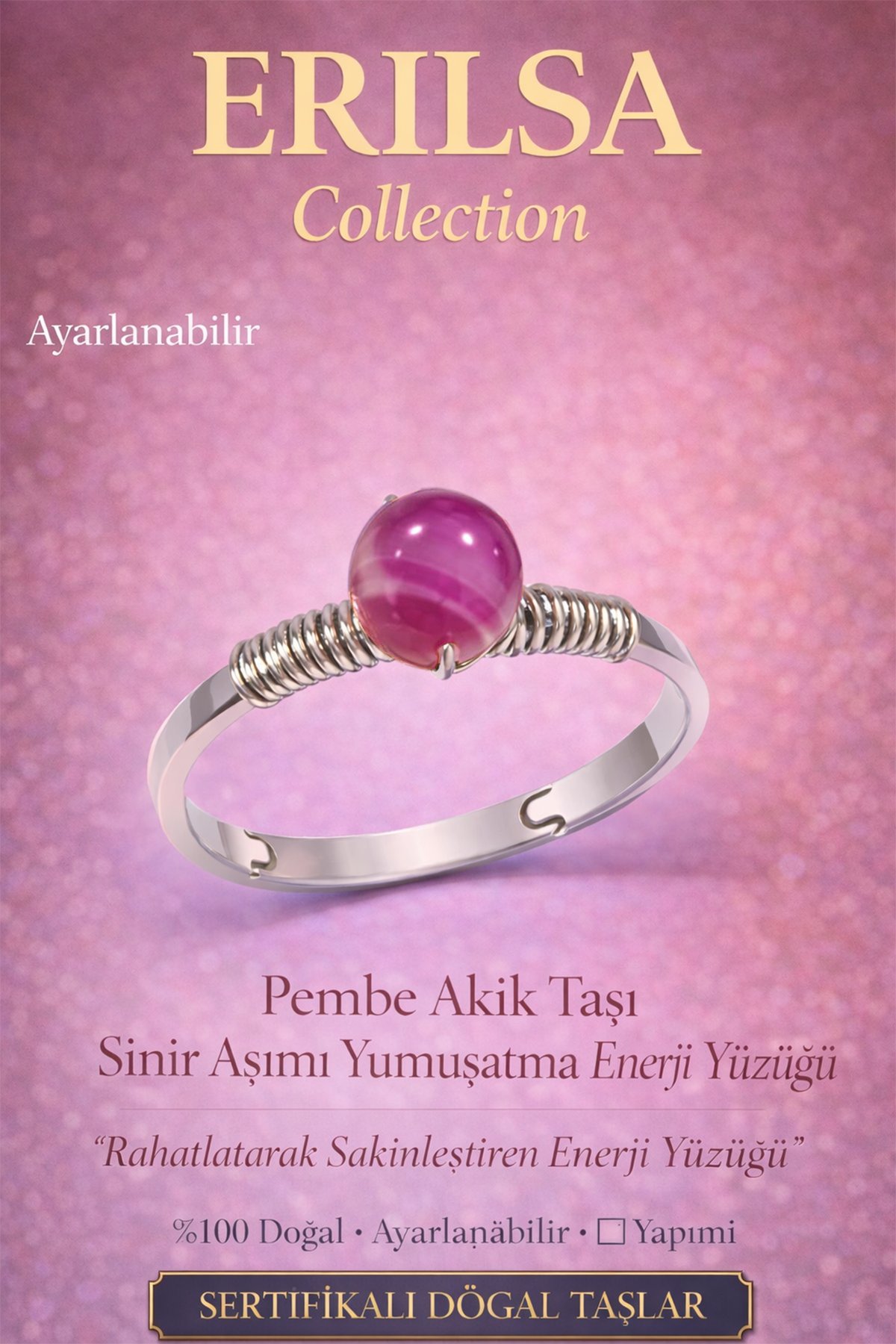 Sertifikalı Sinir Aşımı Yumuşatma Enerji Yüzüğü – Pembe Akik Taşı Ayarlamalı Yengeç Balık Terazi