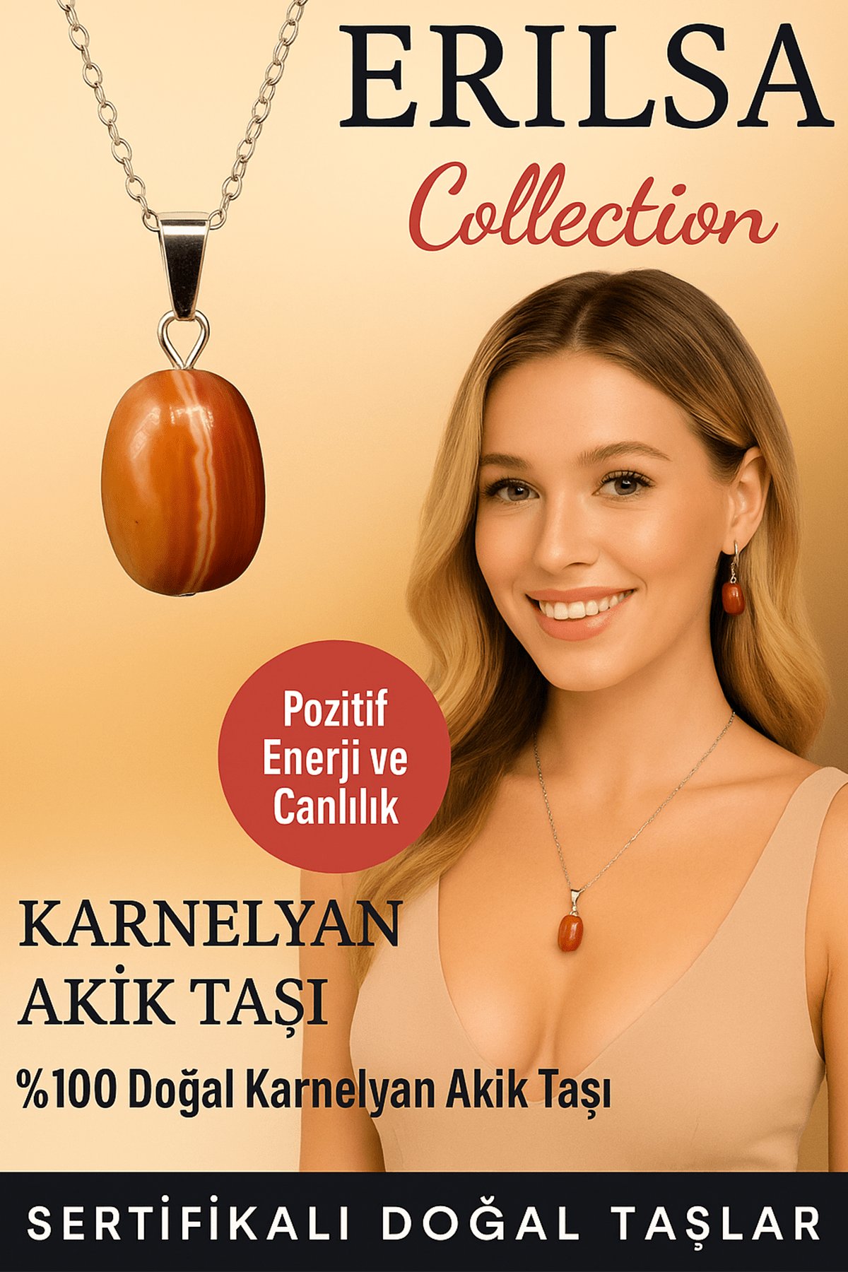 Sertifikalı Karnelyan Akik Doğal Taş Kolye – Pozitif Enerji Canlılık ve Özgüven Taşı