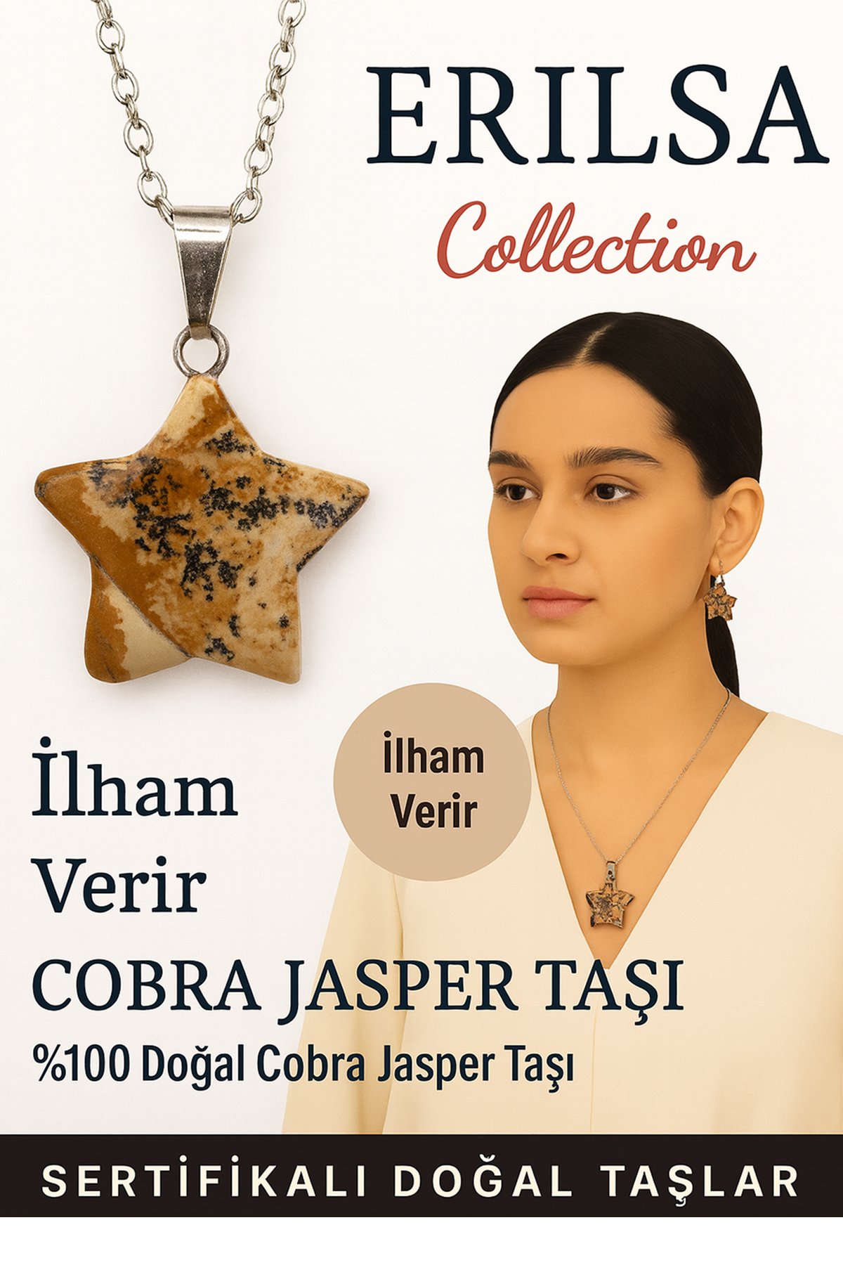 Sertifikalı Yıldız Model Cobra Kahverengi Jasper Doğal Taş Kolye İlham Verir