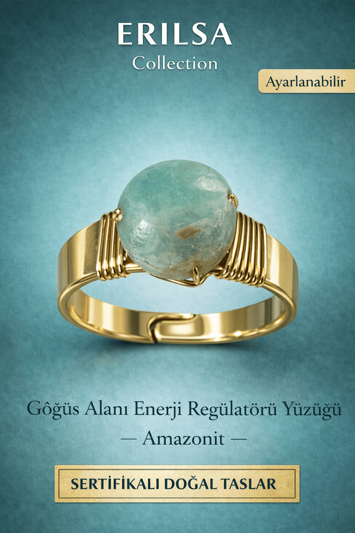 Sertifikalı Amazonit Enerji Regülatörü Yüzüğü – Göğüs Alanı Denge Amazonit Taşı – Ayarlanabilir