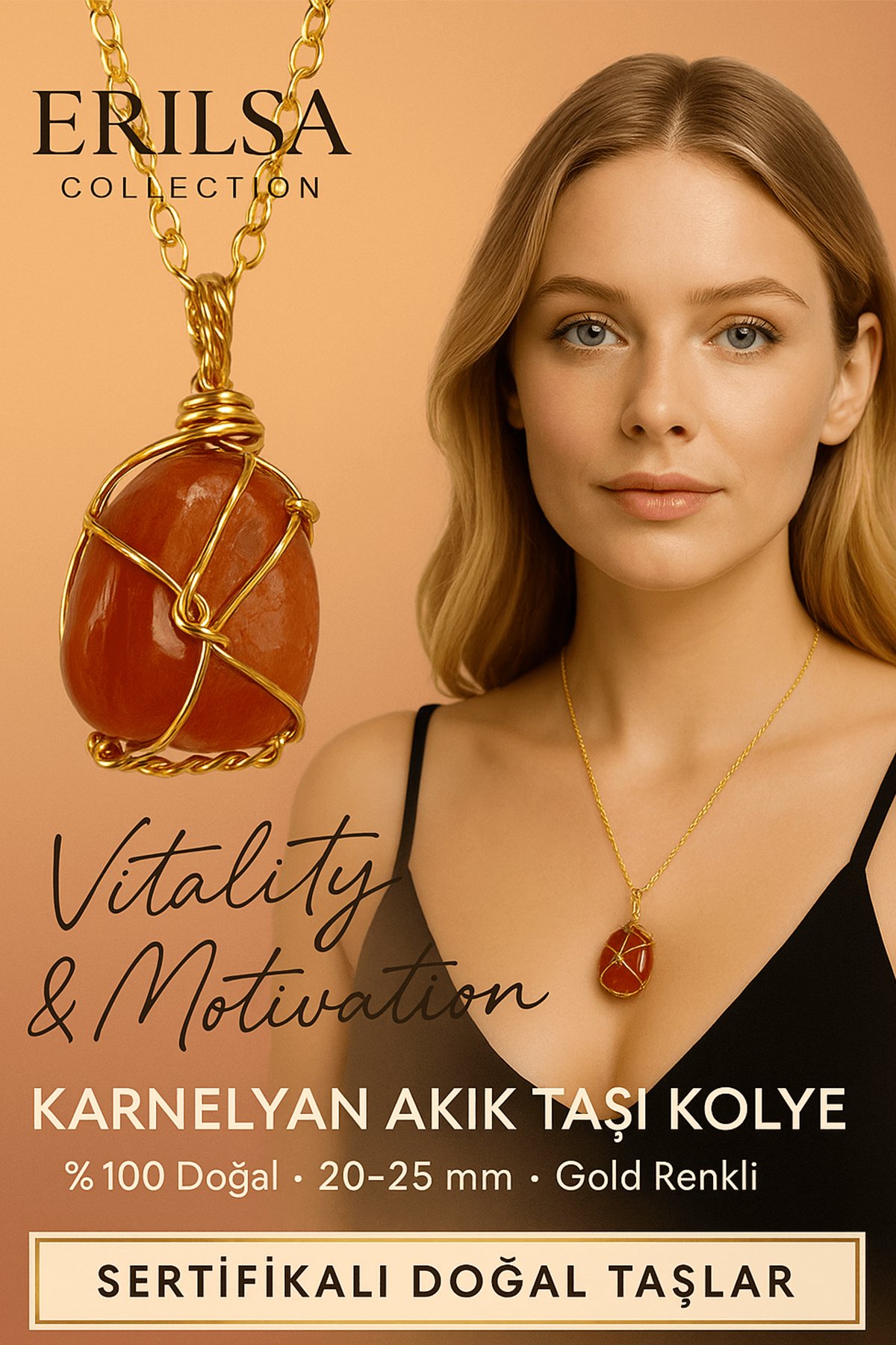 Sertifikalı Gold Renkli Karnelyan Akik Doğal Taş Kolye – Enerji ve Motivasyon Taşı