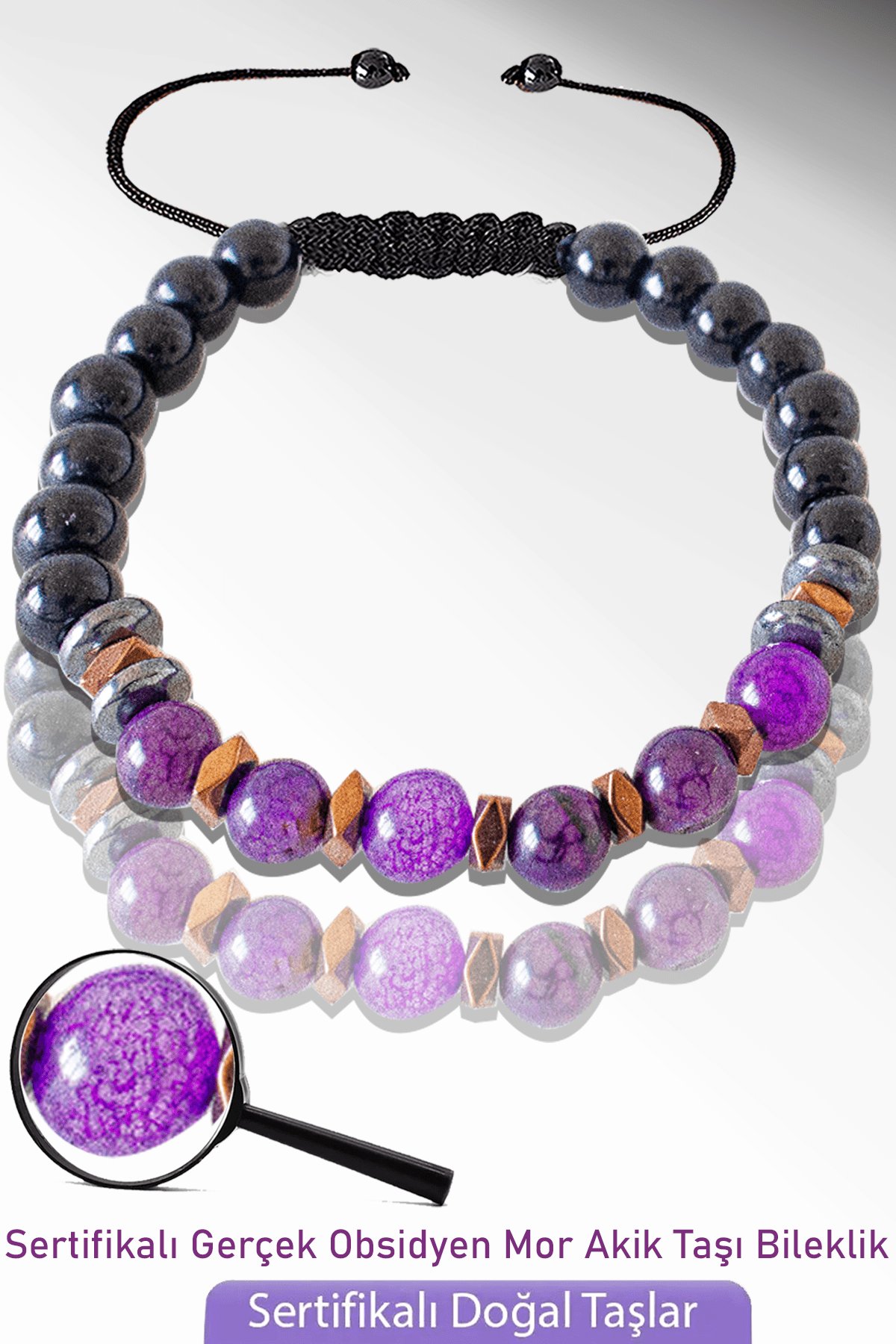 Sertifikalı Doğal Obsidyen - Mor Akik Taşı Bileklik - Ayarlamalı