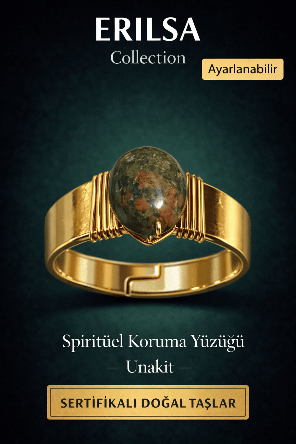 Sertifikalı Unakit Doğal Taş Yüzük Ayarlanabilir - Bakır Üzeri Altın Kaplama Spiritüel Koruma