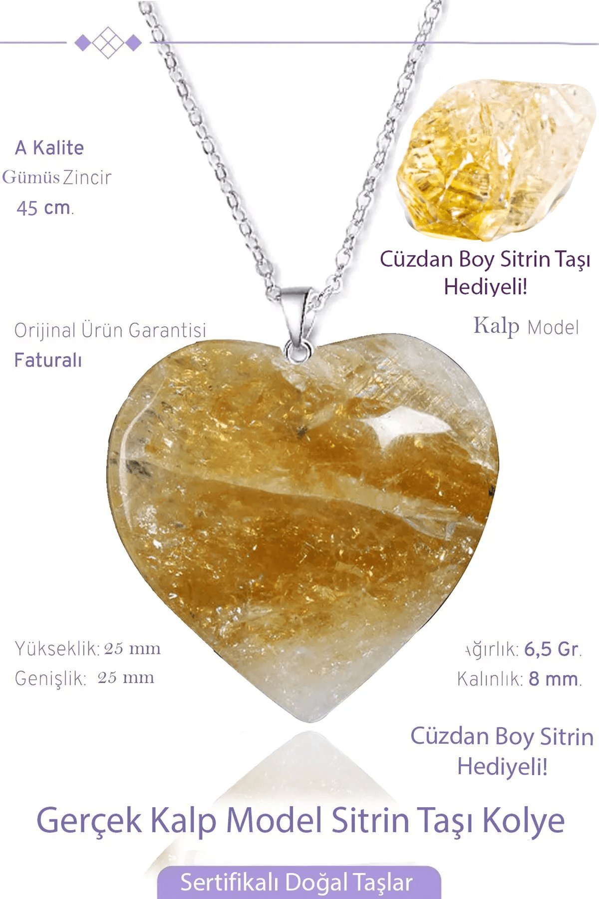 Sertifikalı Gerçek Kalp Model Sitrin Taşı Kolye (Bereket Taşı)