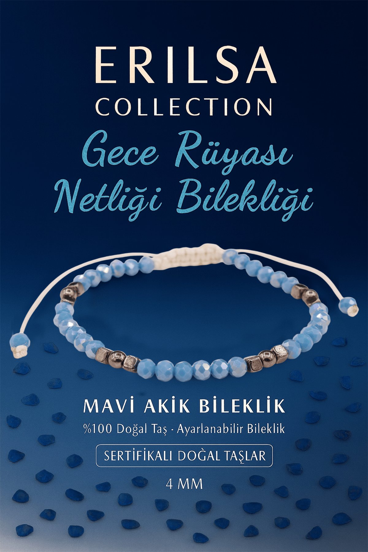 Sertifikalı Gece Rüyası Netliği Enerji Bilekliği – Mavi Akik ve Terahertz Doğal Taş 4 mm