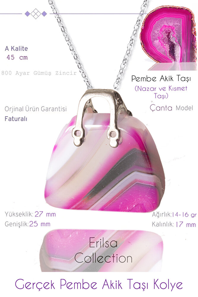 Sertifikalı Çanta Model Pembe Akik Taşı Kolye