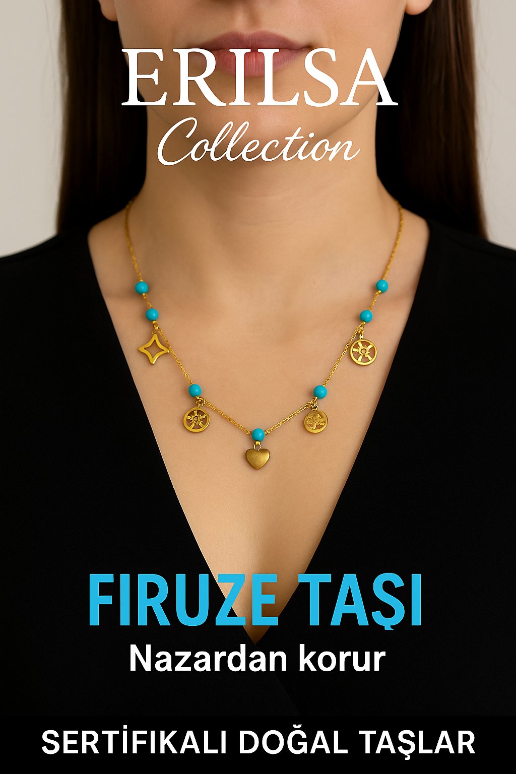 Sertifikalı Gold Firuze - Turkuaz Taşı Şans Charm Kolye - Işıltı Serisi