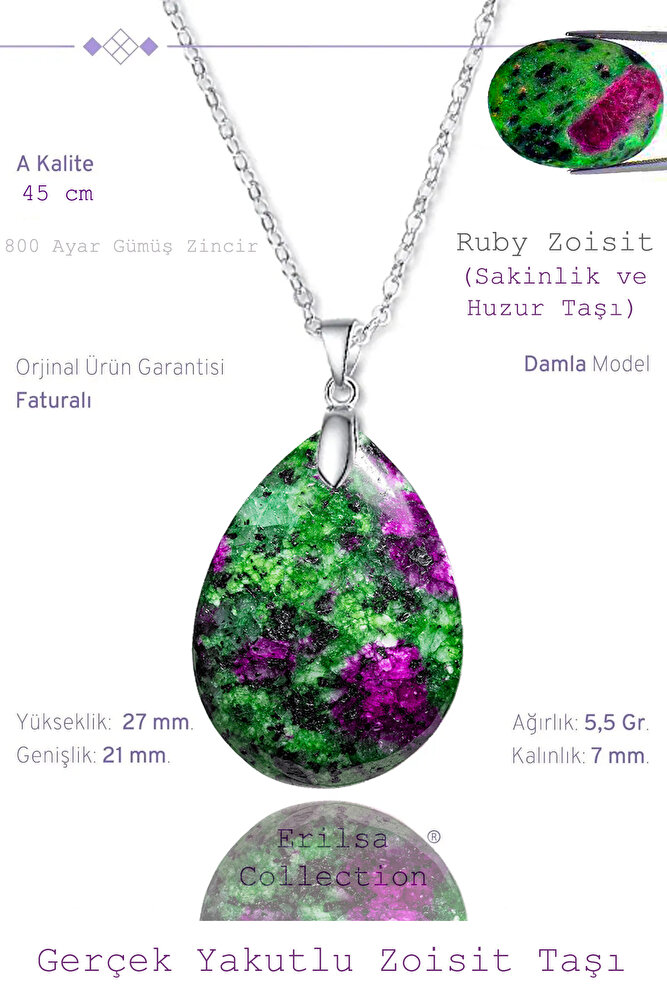 Sertifikalı Damla Model Ruby Yakutlu Zoisite - Anyolit Taşı Kolye (Gümüş Aparatlı)