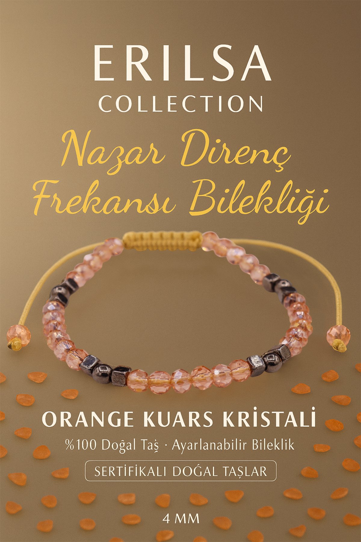 Sertifikalı Nazar Direnç Frekansı Koruma Enerjisi Bilekliği - Orange Kuvars Kristali