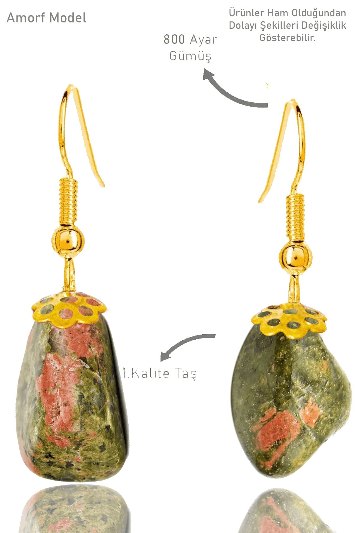 Sertifikalı Amorf Model Ham Unakit Taşı Küpe - Gold Renkli