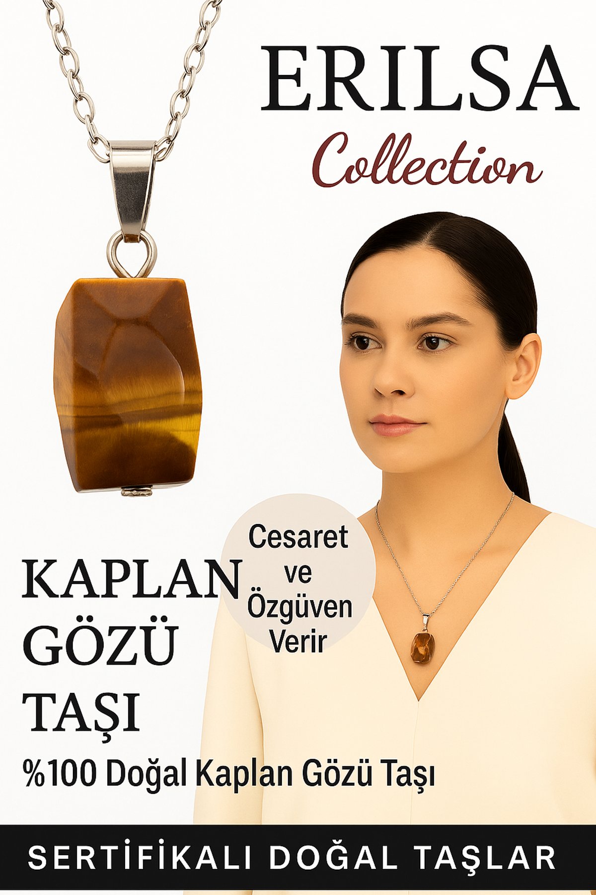 Sertifikalı Fasetli Kaplan Gözü Doğal Taş Kolye – Cesaret Özgüven Enerji ve Koruma Taşı