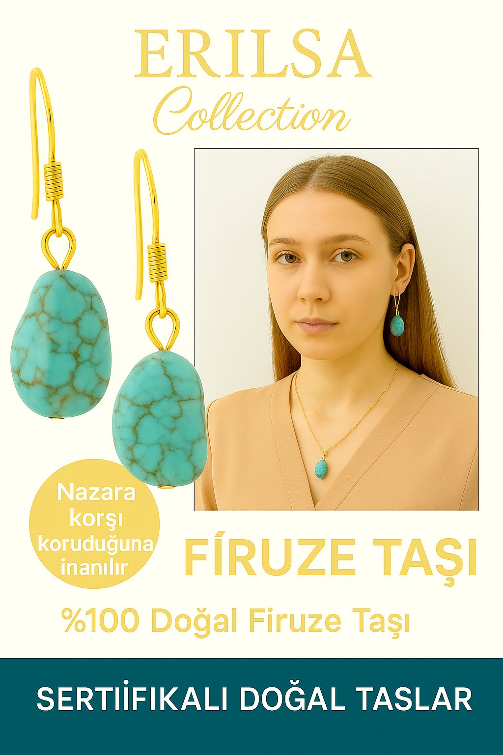 Sertifikalı Altın Renkli Ham İşlenmemiş Firuze Taşı Küpe – Koruma, Şans ve Ruhsal Denge Taşı