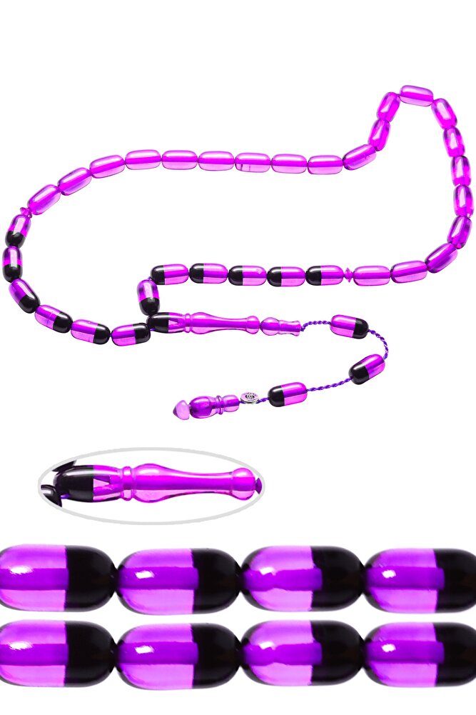 Sertifikalı Imzalı Açık Mor Siyah Ateş Kehribar Tesbih