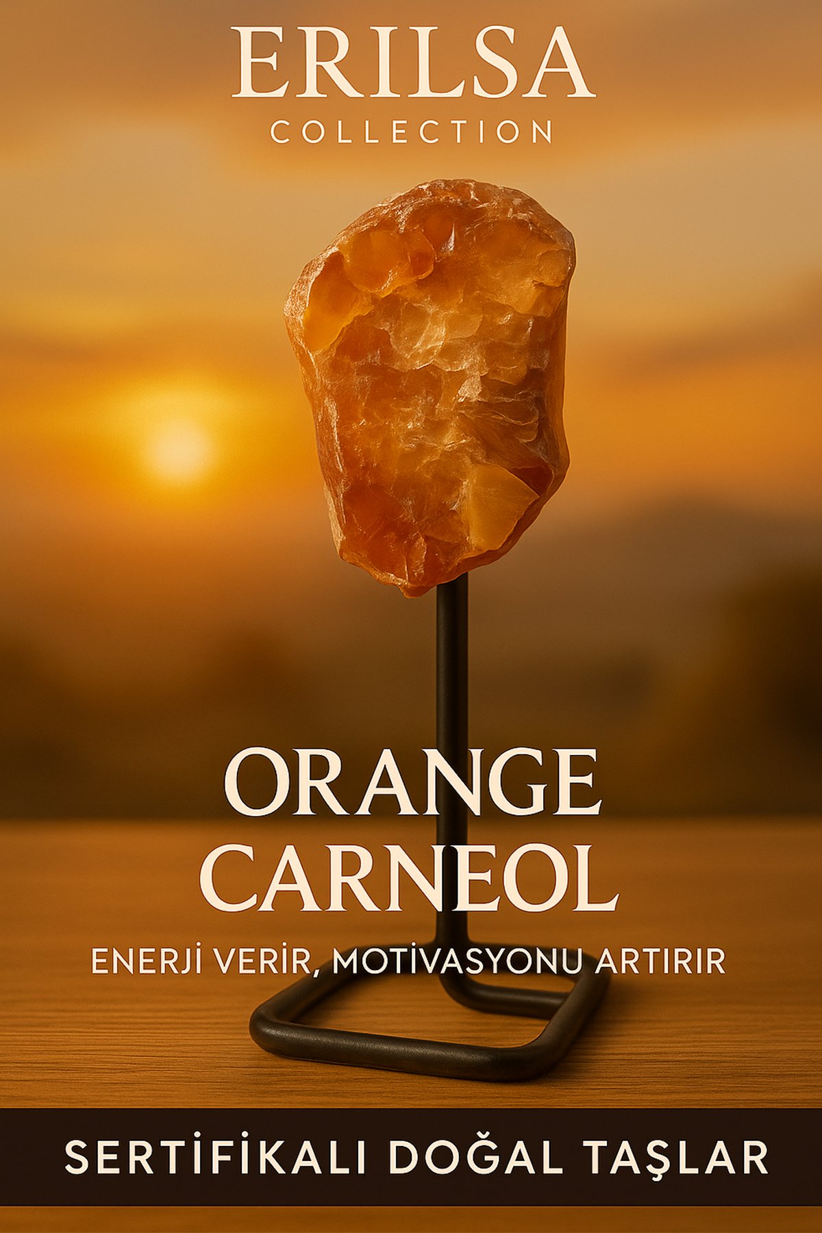 Sertifikalı Doğal Ham Turuncu Karnelyan Akik Taşı Standlı Obje – Yaşam Enerjisini Artırır