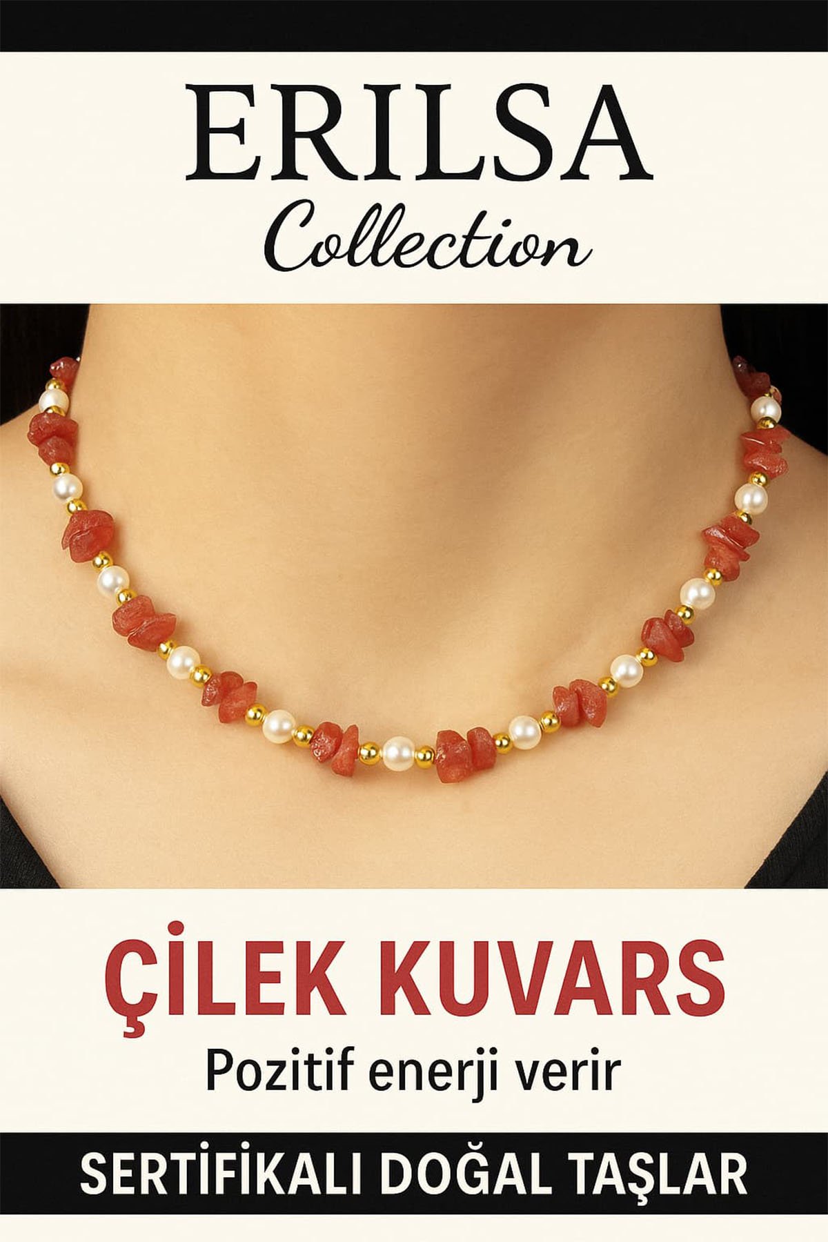 Sertifikalı Kırık Taşlı Model İnci Çilek Kuvars Taşı Kolye Kalp Çakra Dengesi Sağlar