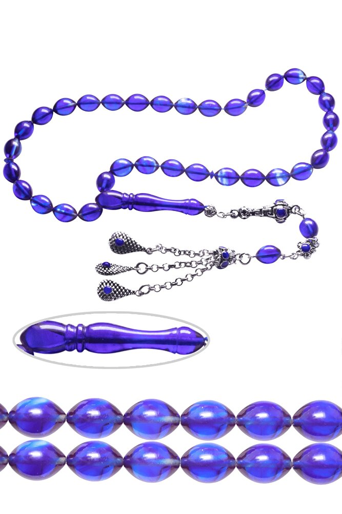 Mavi Renkli Tombul Beyzi Kesim Halep Püsküllü Ateş Kehribar Tesbih