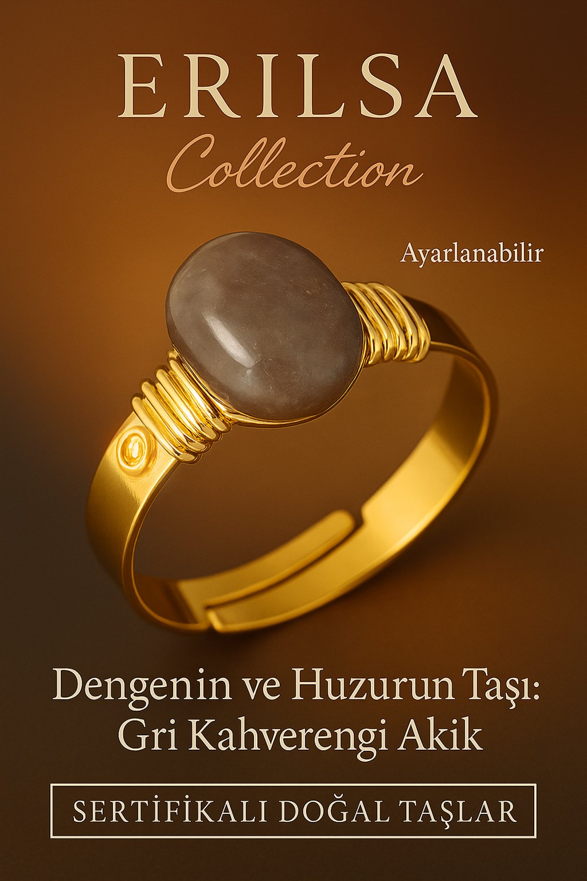 Sertifikalı Doğal Gri Kahverengi Akik Taşı Yüzük – Kalın Tımbıl Kasa Gold Renk Ayarlanabilir