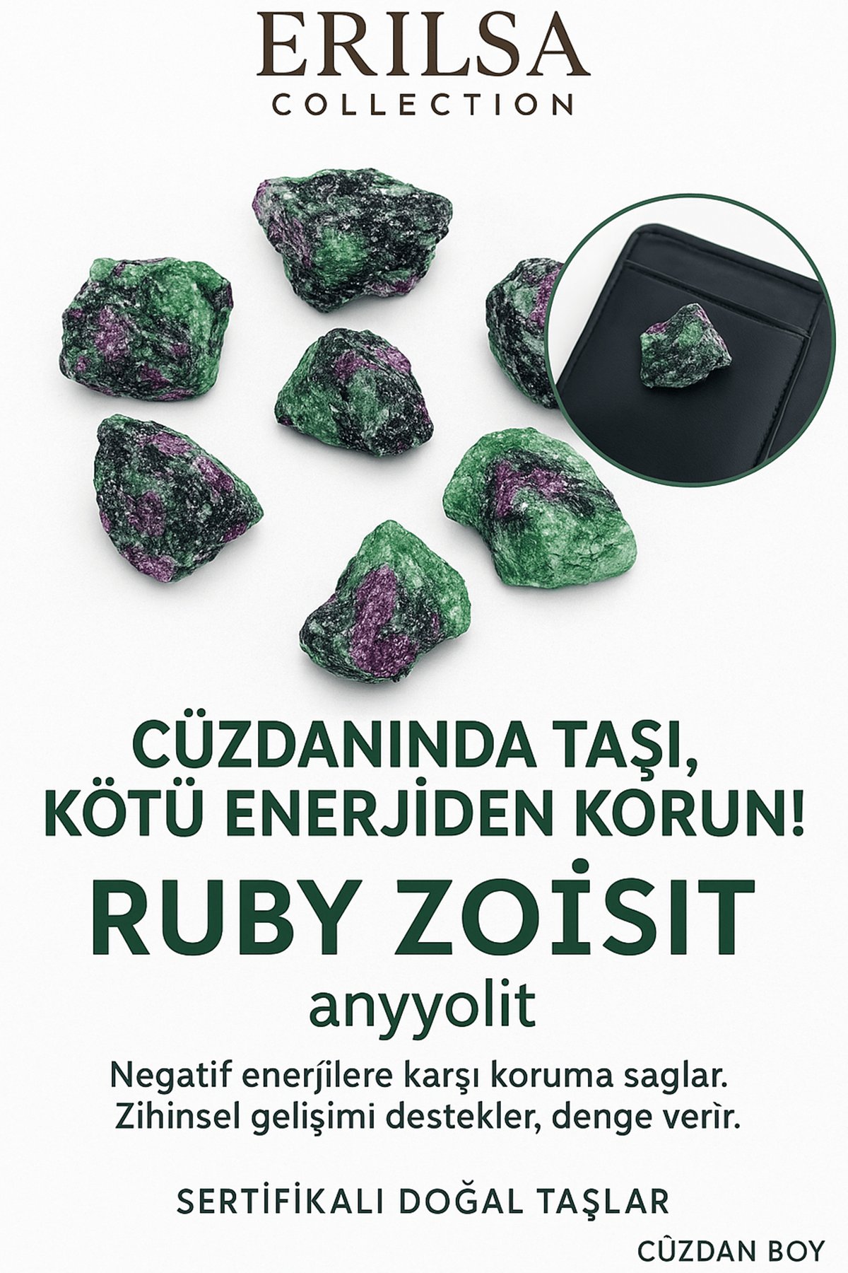 Sertifikalı Ham Cüzdan Boy Ruby Zoisit - Anyolit Taşı Kütle - El Taşı - Canlılık, Denge Ruhsal Güç