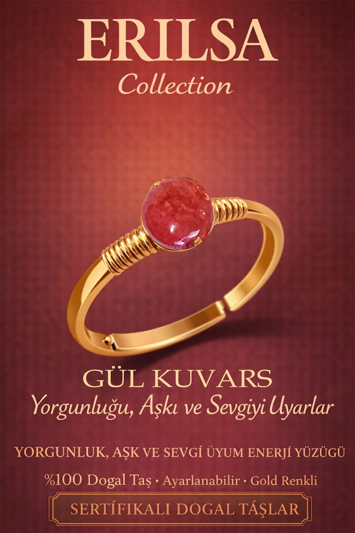 Sertifikalı Aşk ve Sevgi Uyum Enerji Yüzüğü - Gül Kuvars Taşı Ayarlanabilir Gold Boğa Terazi Burcu