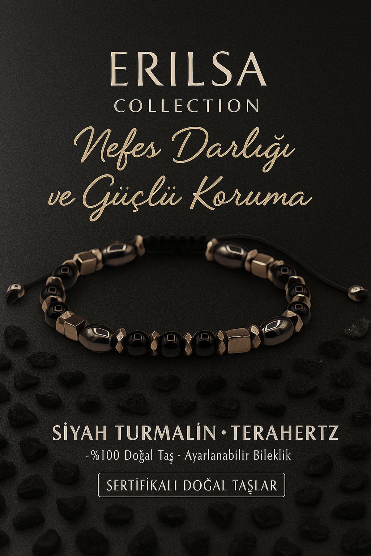 Sertifikalı Nefes Darligi ve Astım Bilekliği - Siyah Turmalin ve Terahertz Dogal Tas 6 mm