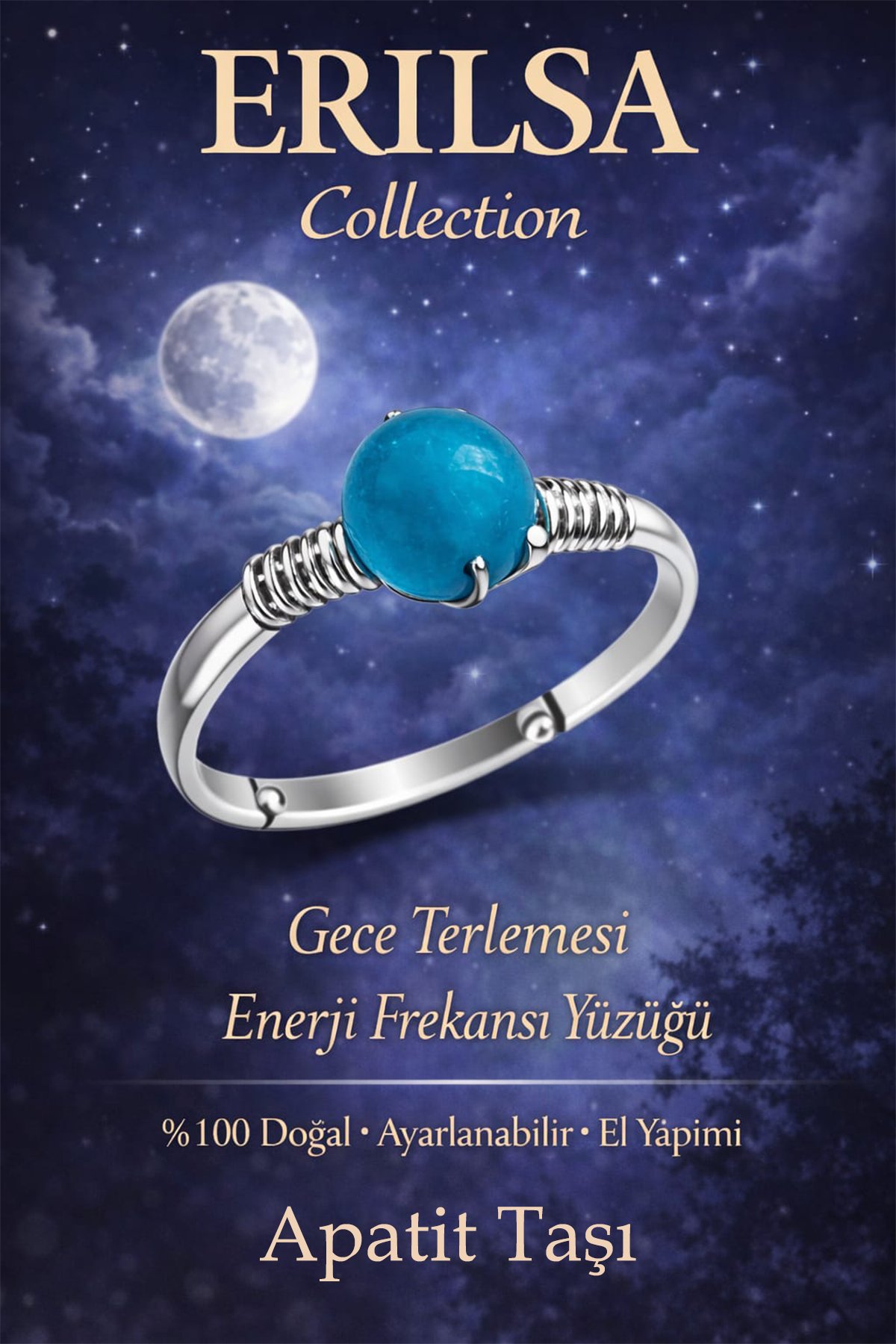 Sertifikalı Gece Terlemesi Enerji Yüzüğü – Apatit Taşı Ayarlanabilir İnce Kasa Balık Yengeç Kova