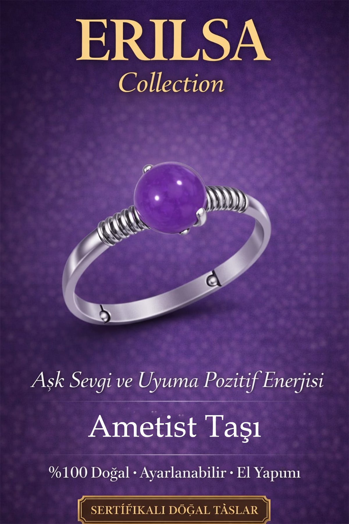 Sertifikalı Aşk Sevgi ve Uyum Enerji Yüzüğü – Ametist Taşı Ayarlamalı İnce Kasa Kova Balık Yay Burcu