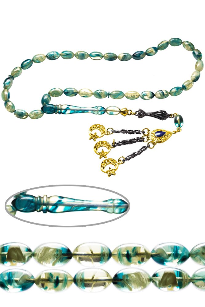 Sertiifkalı Mavi Renkli Mineli Püsküllü Sıkma Kehribar Tesbih