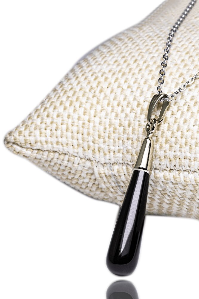 Sertifikalı Doğal Obsidyen Taşı Kolye Gümüş Aparatlı