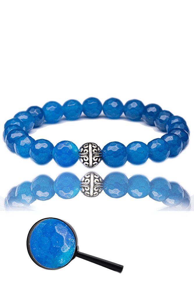 Sertifikalı Fasetli Mavi Akik Taşı Bileklik - Gümüş Aparatlı
