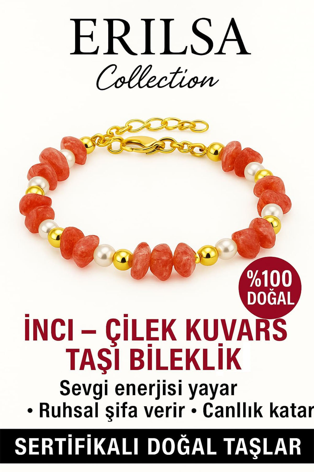 Sertifikalı İnci ve Çilek Kuvars Taşı Bileklik – Zihinsel Berraklık