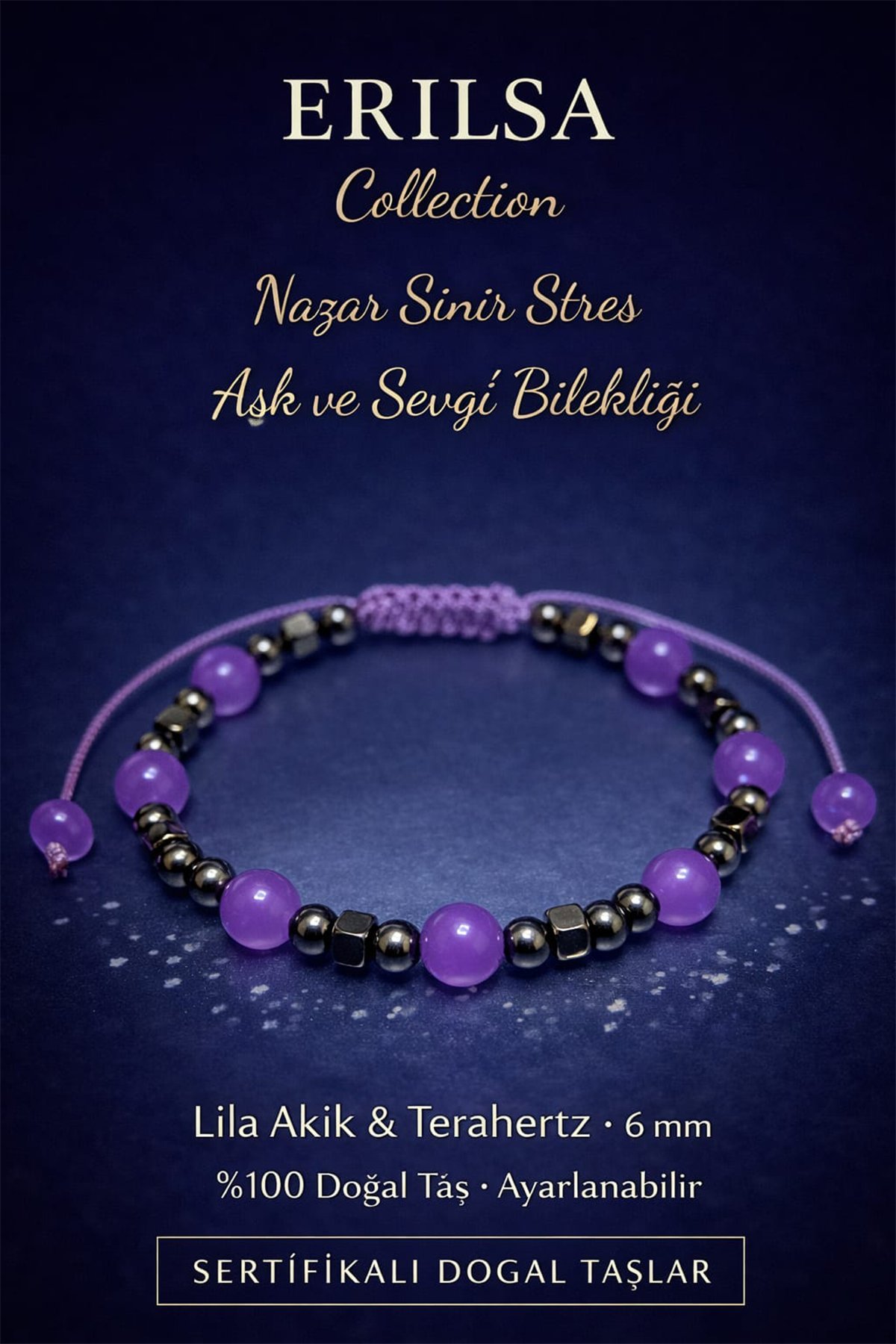 Sertifikalı Sinir Stres Aşk Sevgi ve Nazar Koruyucu Bileklik – Lila Akik Taşı Terahertz Doğal Taş