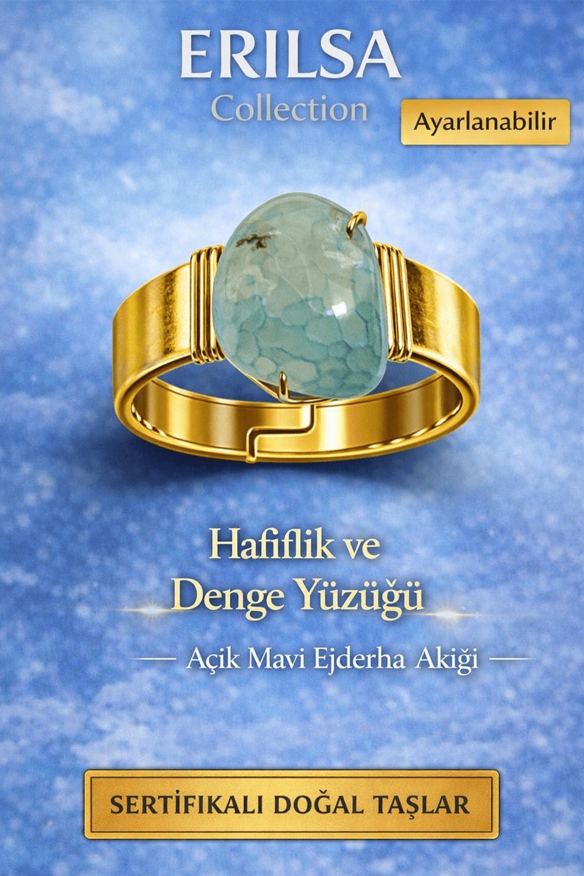 Sertifikalı Hafiflik ve Denge Yüzüğü Açık Mavi Ejderha Akik Doğal Taş Yüzük Ayarlanabilir