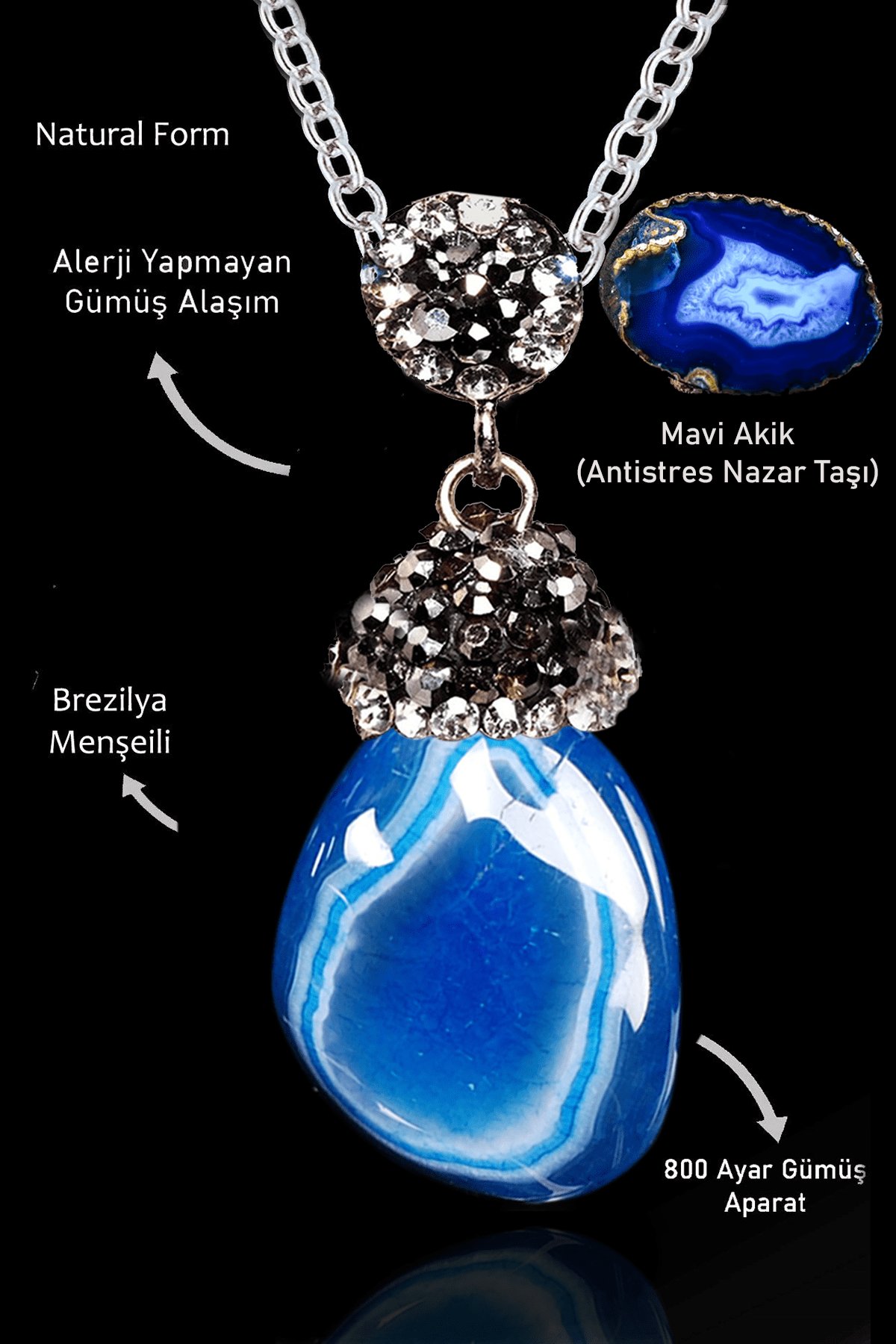 Sertifikalı Zirkon Taşlı Model Ham Mavi Akik Taşı Kolye