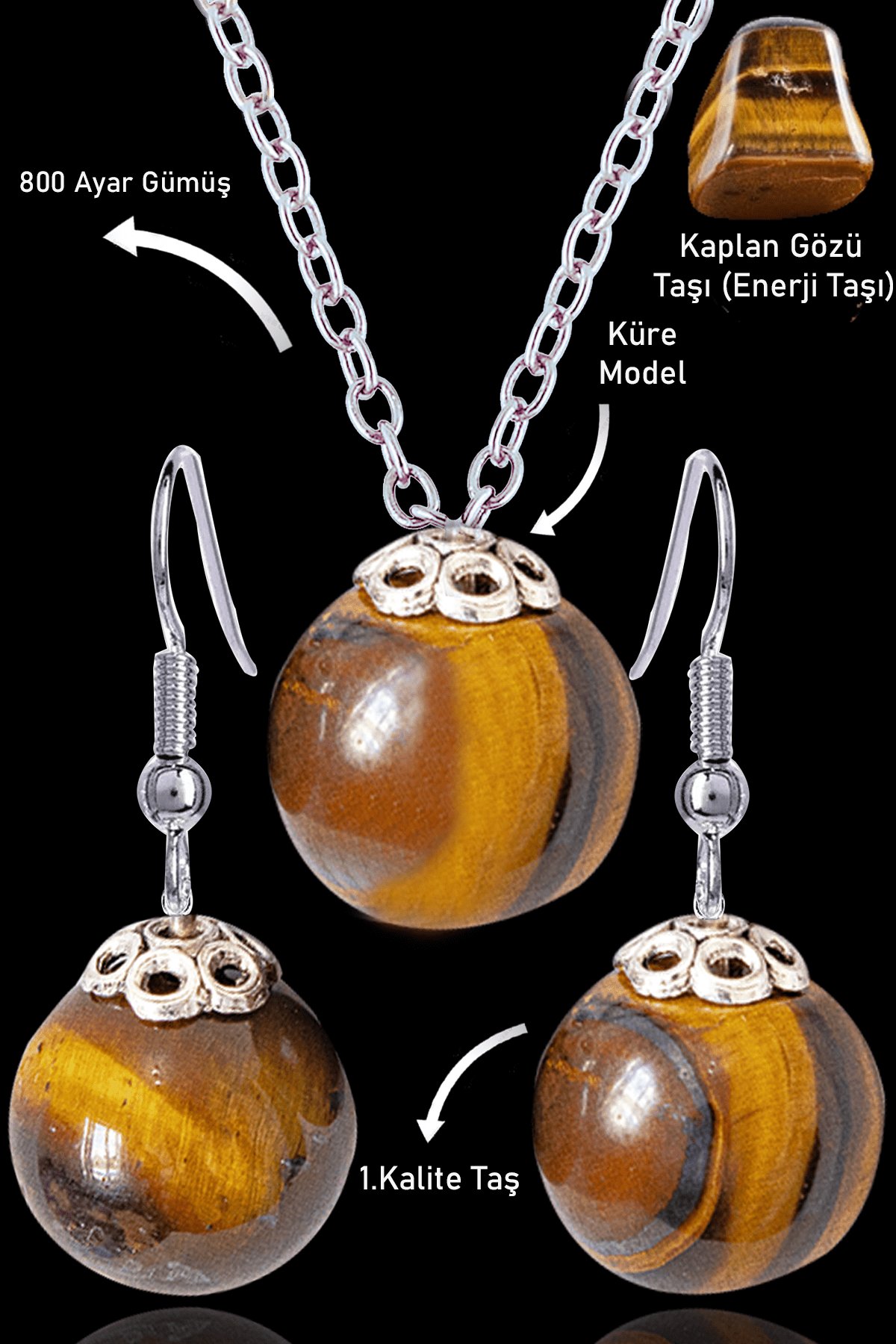 Sertifikalı Küre Model Kaplan Gözü Taşı Kolye ve Küpe Seti - Gümüş Aparatlı