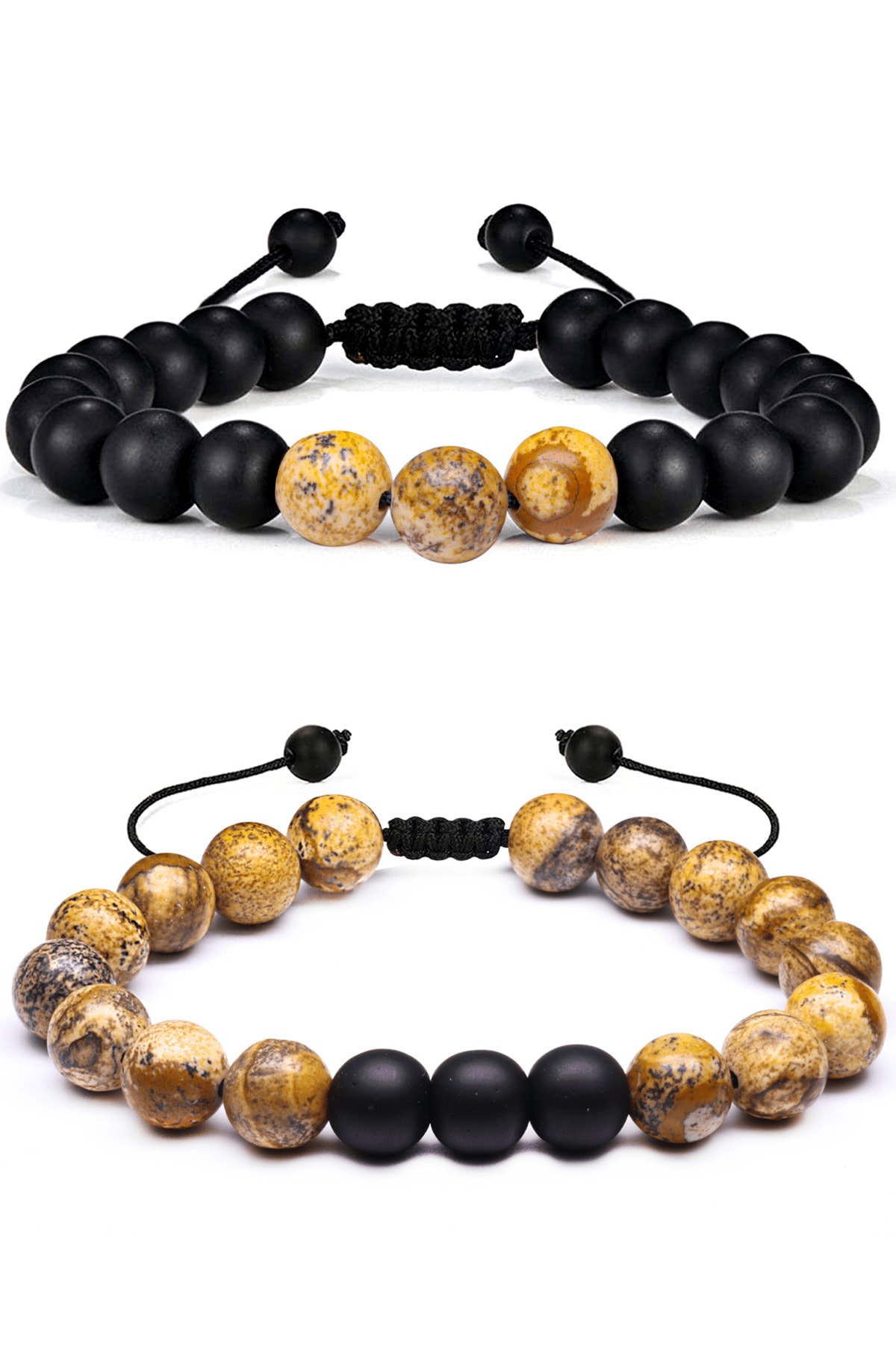 Tibet Akik Kahverengi Siyah Renk Çift Doğal Taş Bileklik Seti