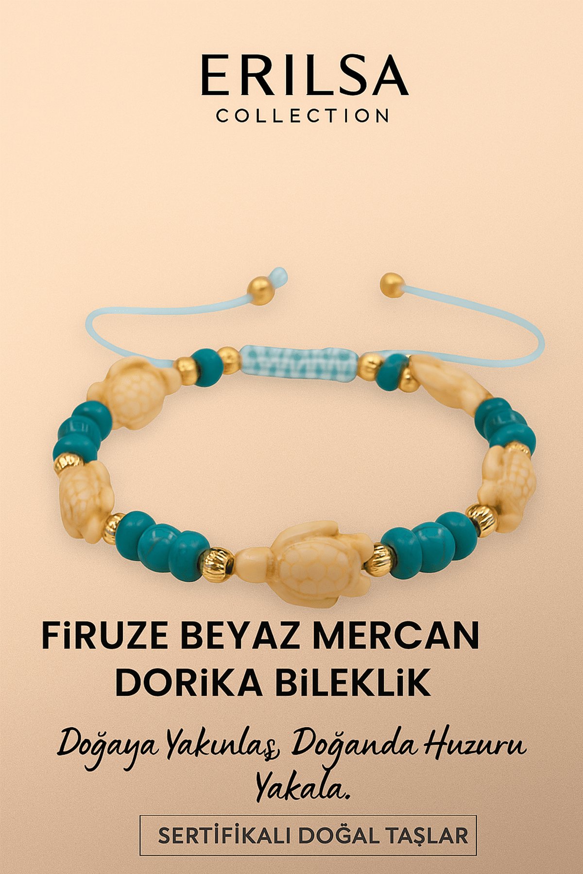 Sertifikalı Kaplumbağa Dorika Beyaz Mercan Firuze Taşı Bileklik – Doğanın Huzurunu Bileğinde Hisset
