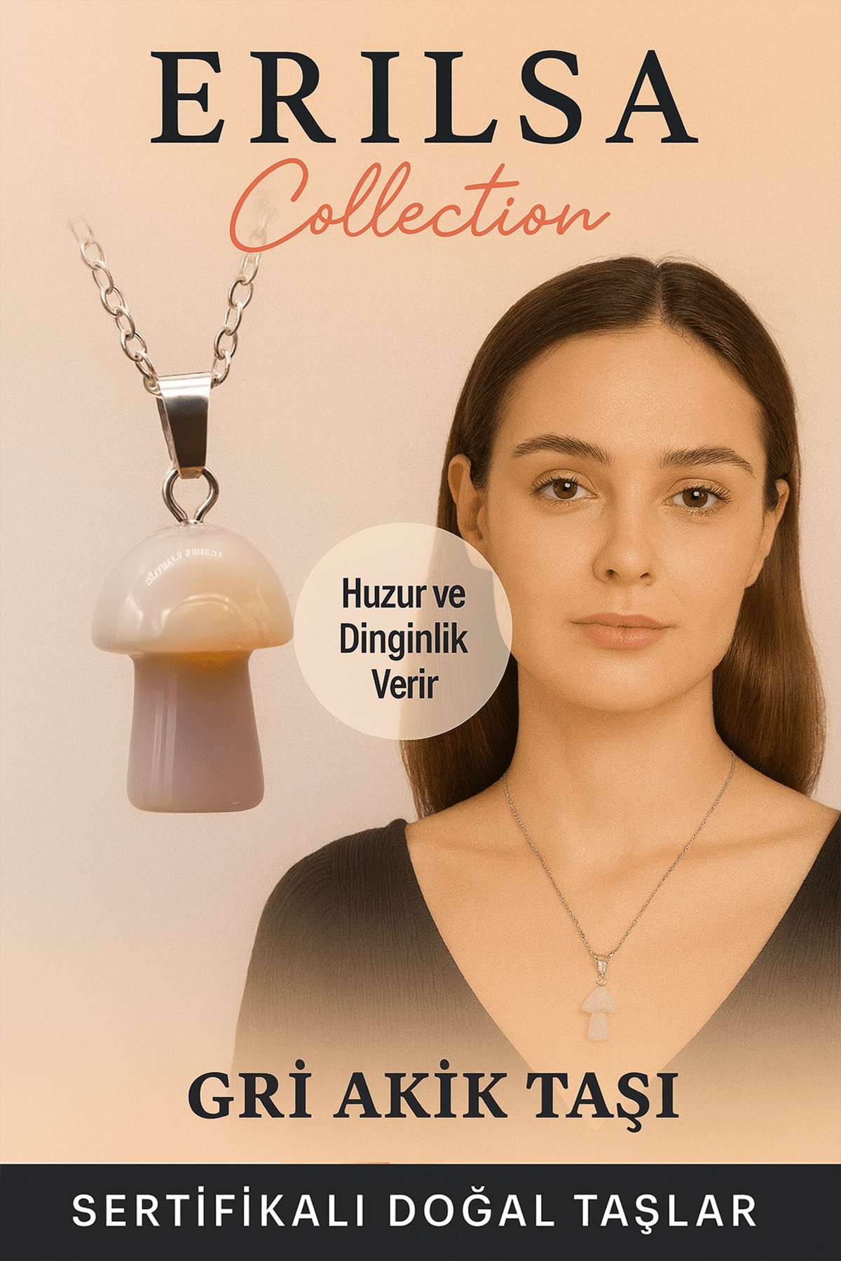 Sertifikalı Mantar Model Gri Akik Taşı Kolye - Huzur ve Dinginlik Veren Doğal Taş