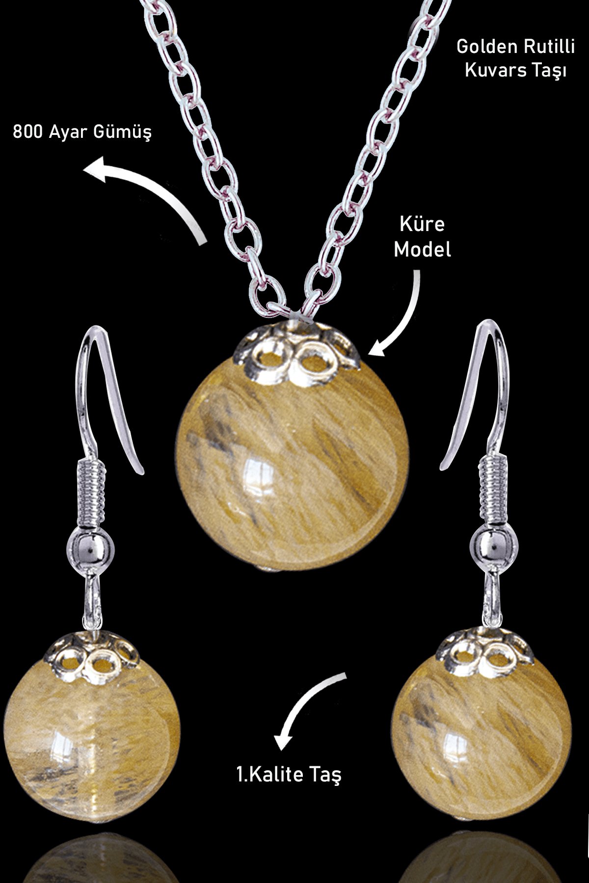Sertifikalı Küre Model Golden Rutilli Kuvars Taşı Kolye ve Küpe Seti - Gümüş Aparatlı