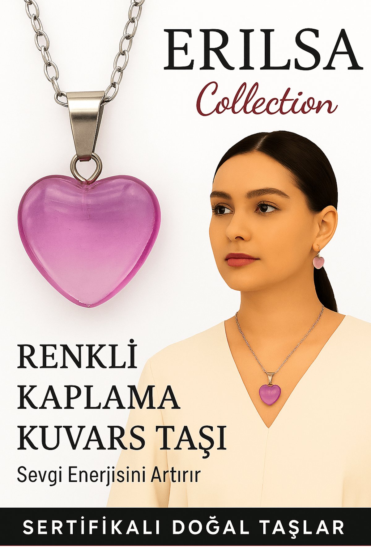 Sertifikalı Renkli Kaplama Kuvars Taşı Kolye (Pembe) – Sevgi Enerjisi, Ruhsal Arınma ve Zarafet