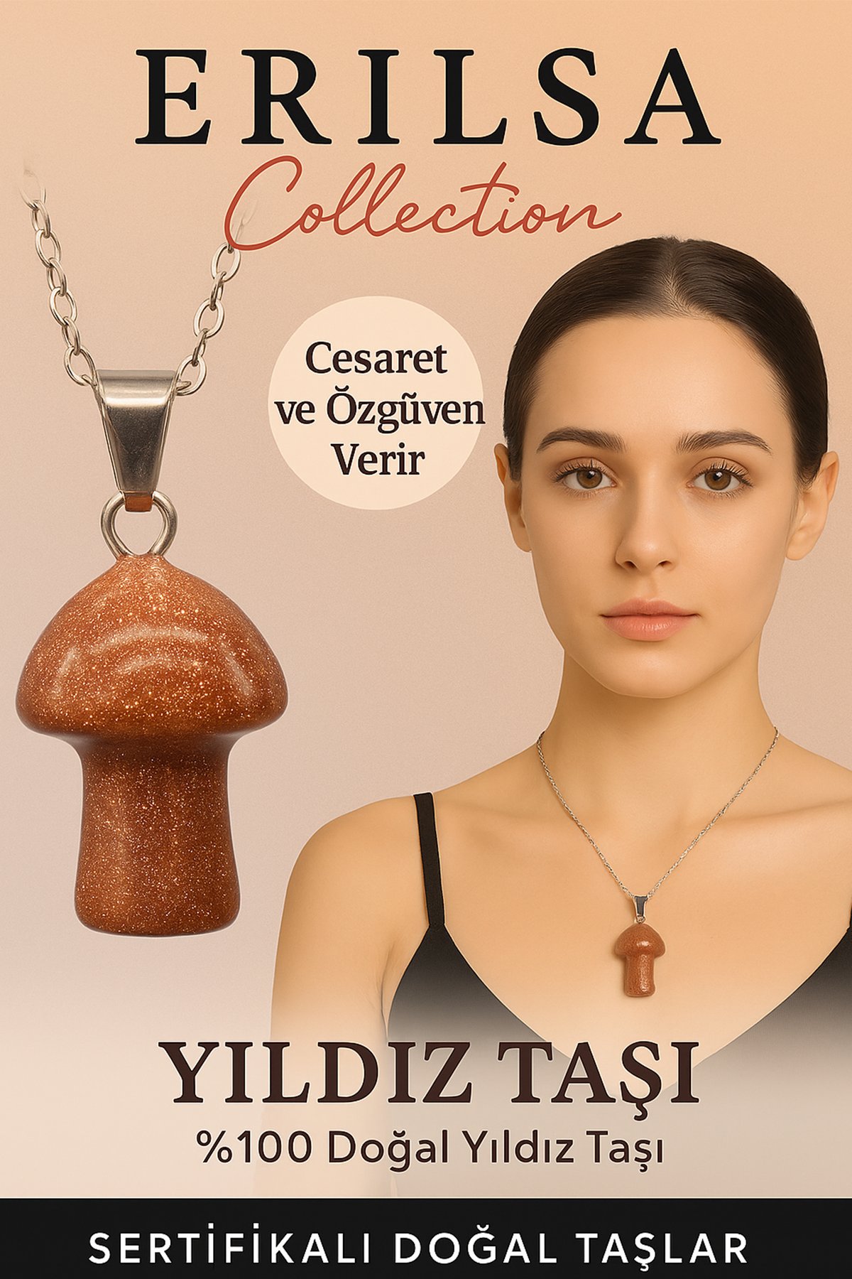 Sertifikalı Mantar Model Kahverengi Yıldız Taşı Kolye - Cesaret ve Özgüven Veren Doğal Taş Kolye