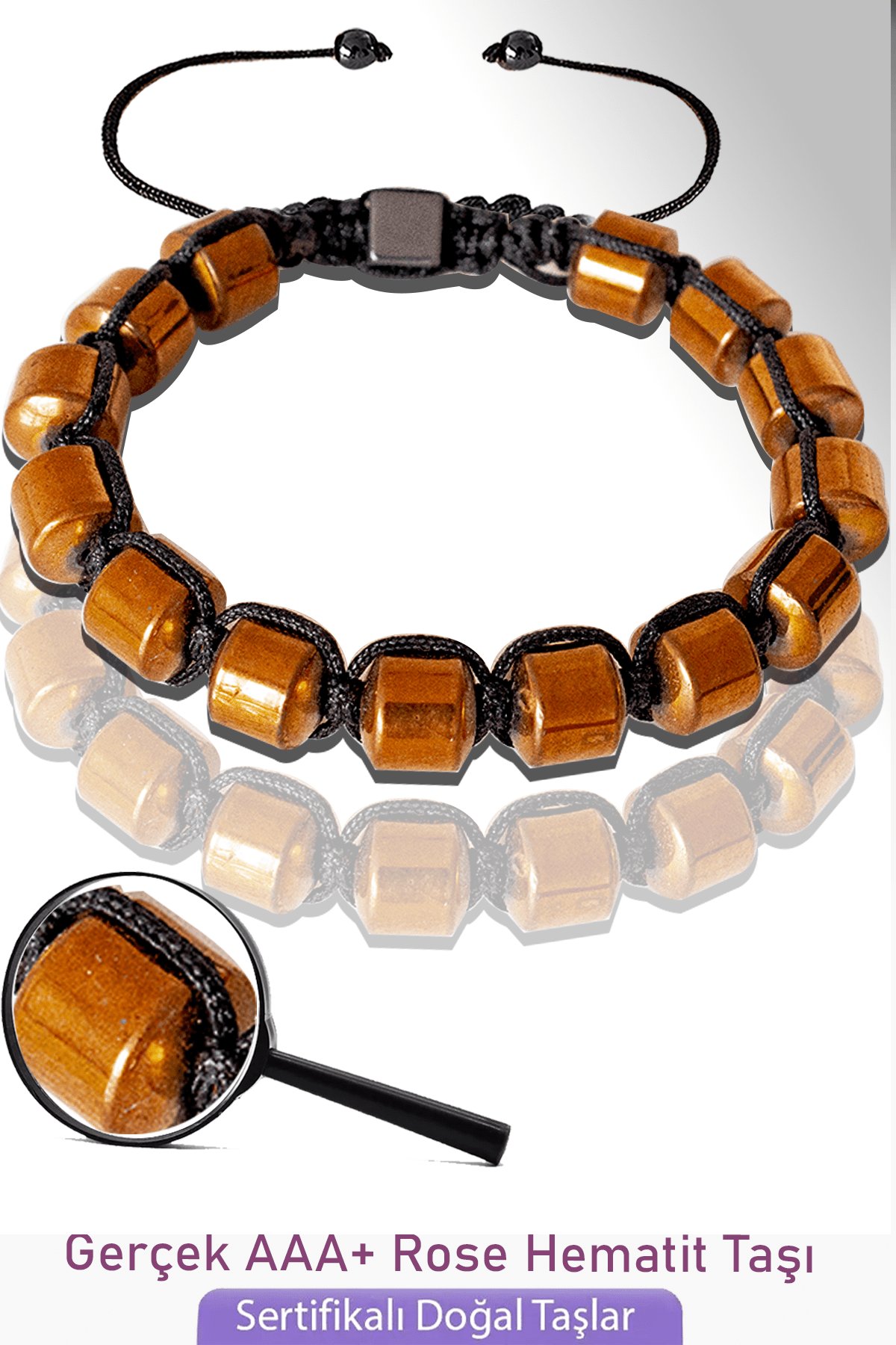 Sertifikalı Gerçek Fıçı Model Rose Hematit Taşı Bileklik - Ayarlamalı