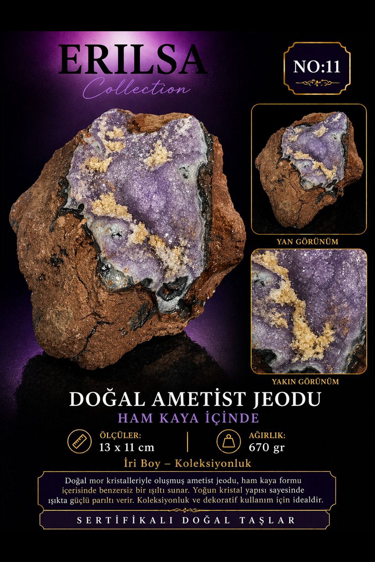 Sertifikalı Doğal Ametist Jeodu Taşı Kütle İri Boy Kristalli Ham Kaya Koleksiyonluk Dekoratif Parça