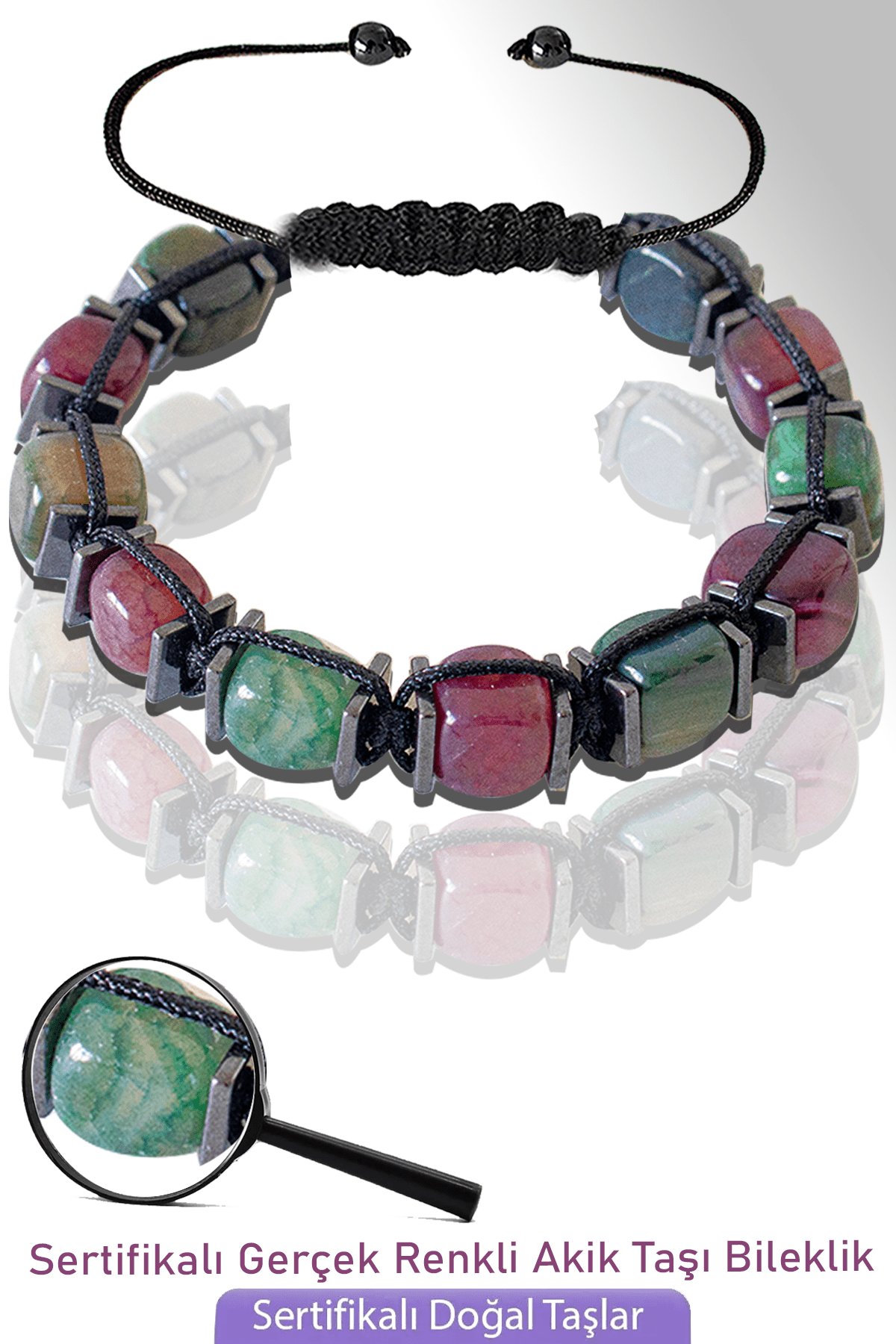 Sertifikalı Küp Model Doğal Renkli Akik Taşı Bileklik - Ayarlamalı