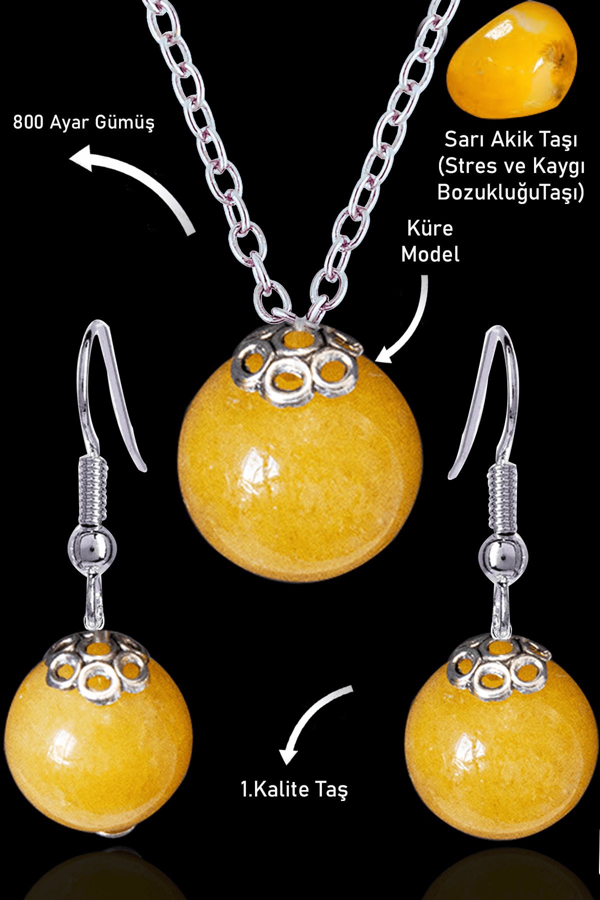 Sertifikalı Küre Model Turuncu Akik Taşı Kolye ve Küpe Seti - Gümüş Aparatlı