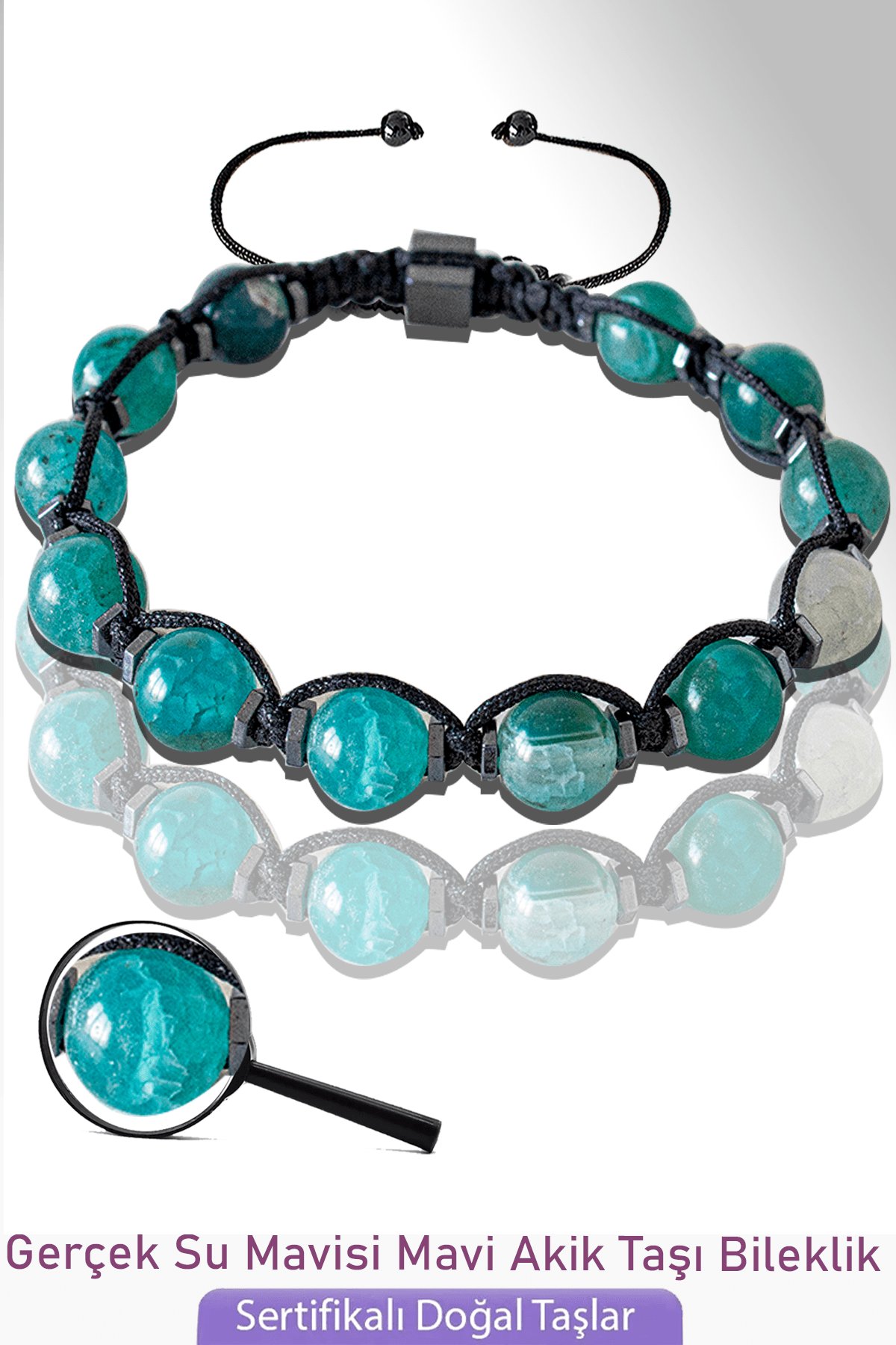 Sertifikalı Gerçek Su Mavisi Akik Taşı Bileklik - Ayarlamalı