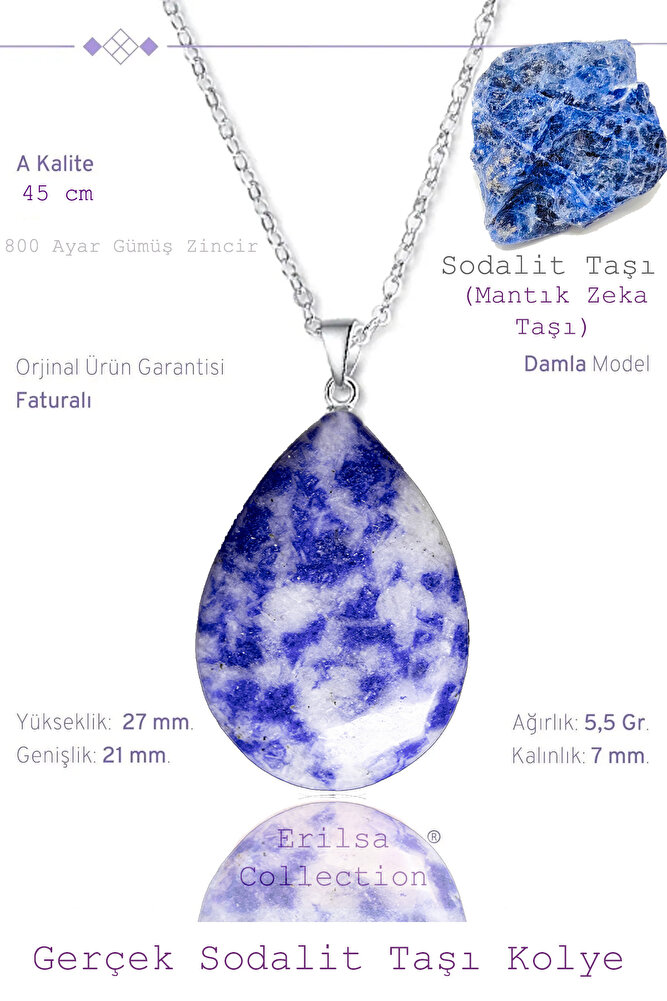 Sertifikalı Damla Model Sodalit Taşı Kolye (GÜMÜŞ APARATLI)
