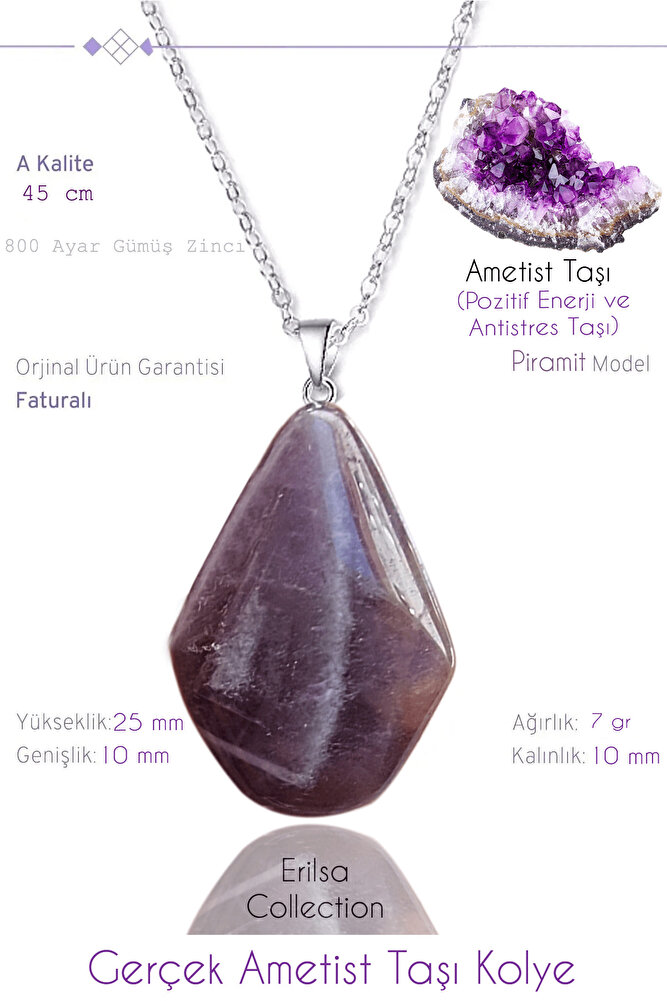 Sertifikalı Gerçek Piramit Model Ametist Taşı Kolye