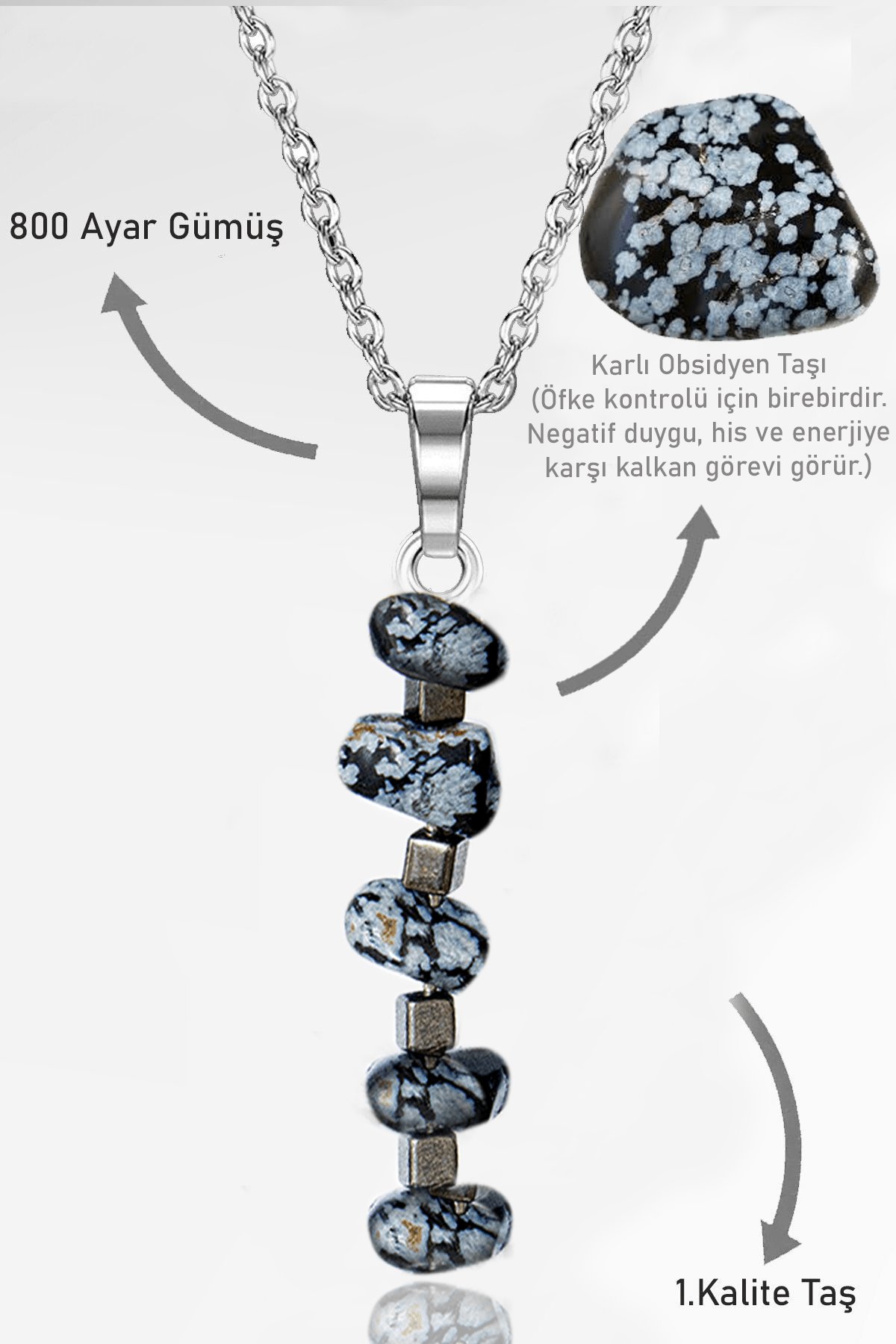 Sertifikalı Kırık Taşlı Model Karlı Obsidyen Taşı Kolye