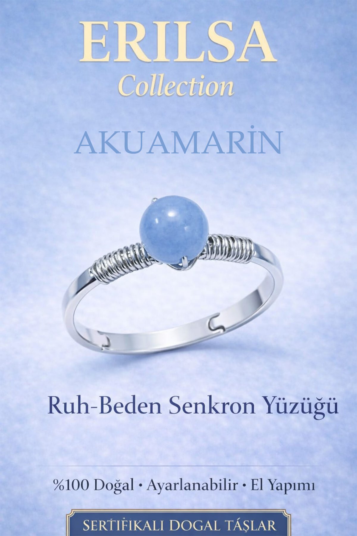 Sertifikalı Ruh Beden Senkron Yüzüğü – Akuamarin Ayarlanabilir İnce Kasa Balık Kova Terazi Burcu